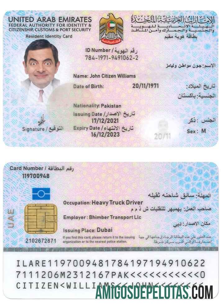 Carteira de Identidade de Residente dos EMIRADOS ÁRABES UNIDOS exemplo